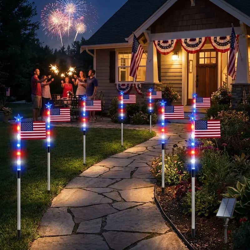 🇺🇸 8-in-1 Solar American Flag Garden Stakes Auto-On Patriotic Lights ✨