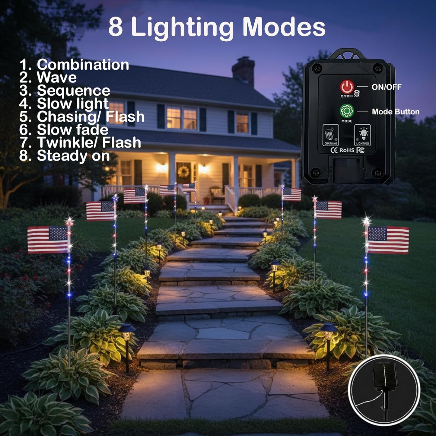 🇺🇸 8-in-1 Solar American Flag Garden Stakes Auto-On Patriotic Lights ✨