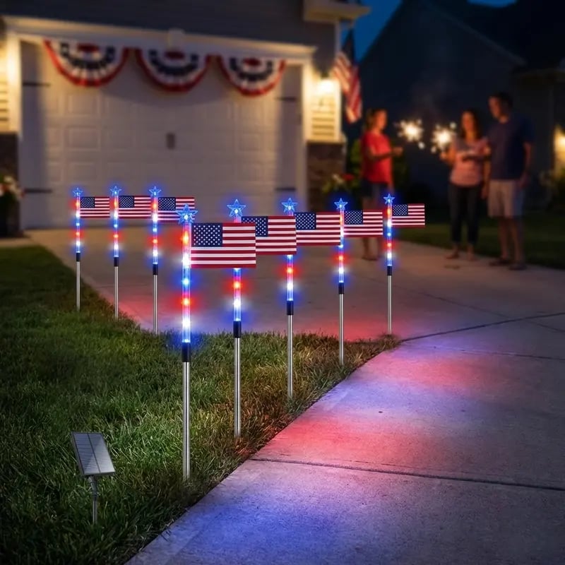 🇺🇸 8-in-1 Solar American Flag Garden Stakes Auto-On Patriotic Lights ✨