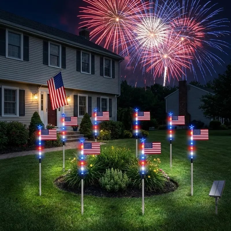 🇺🇸 8-in-1 Solar American Flag Garden Stakes Auto-On Patriotic Lights ✨