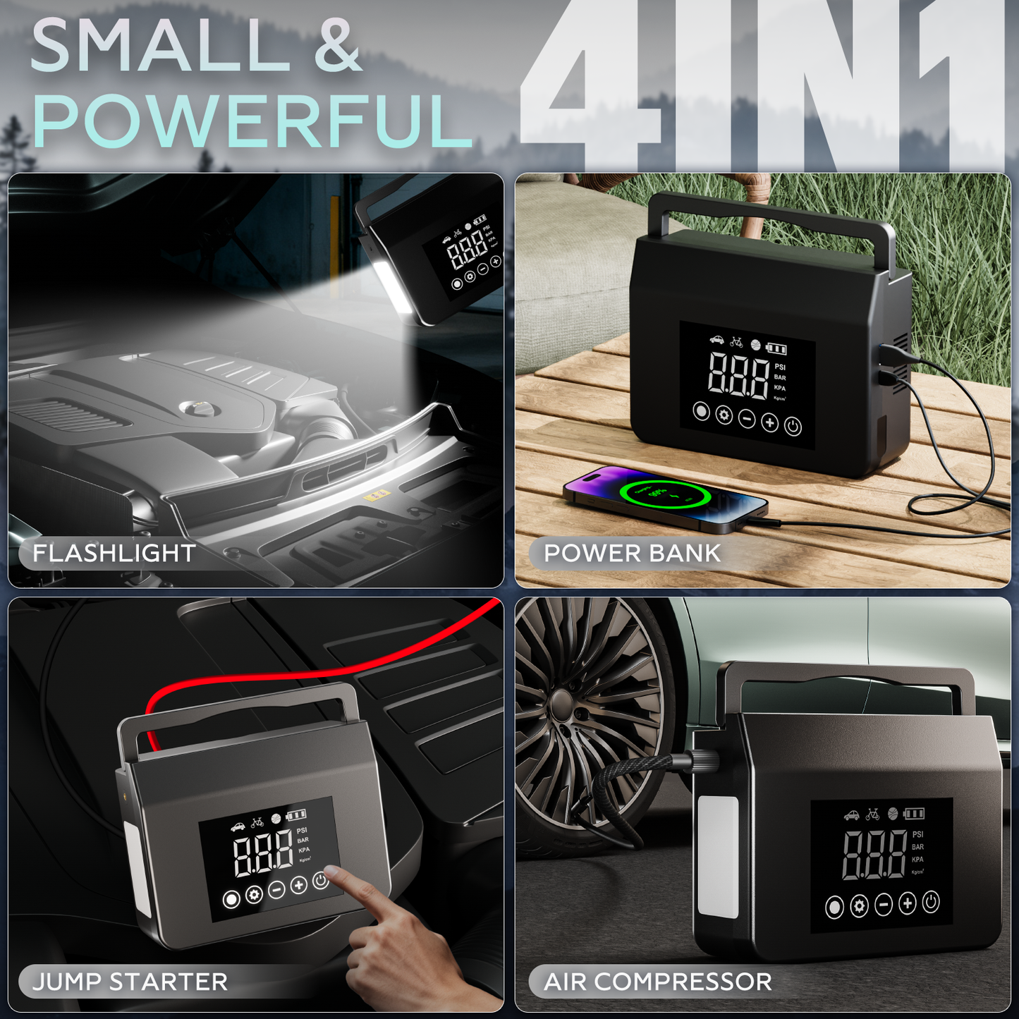 4000A Car Jump Starter with Smart Air Compressor – 15000mAh Battery Pack